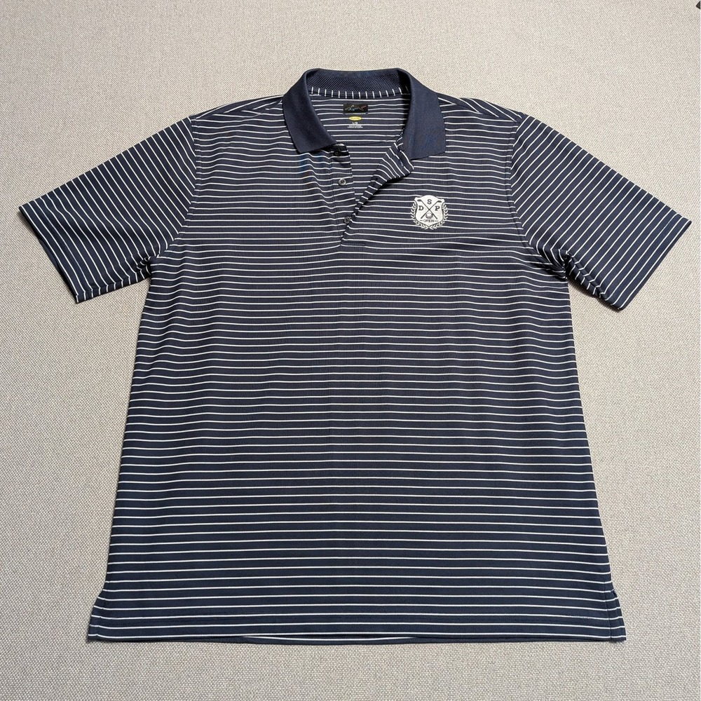 Greg Norman Men's Navy White Stripe L Polo Shirt Play Dry Golf Performance